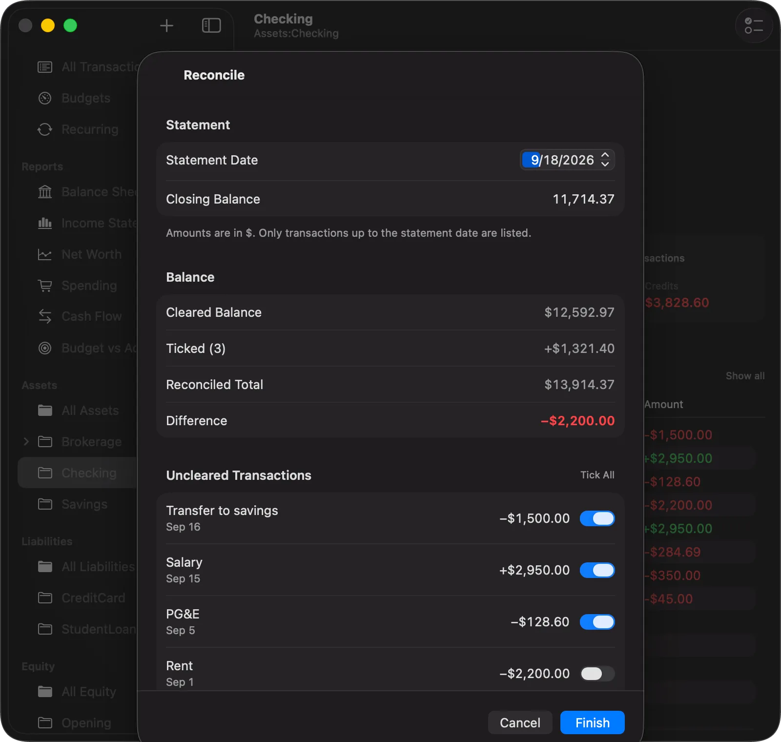 The Reconcile sheet in Balance for Mac: statement date and closing balance at the top, then cleared balance, ticked total, reconciled total and a red difference of −$2,200.00, above a list of uncleared transactions with toggles.