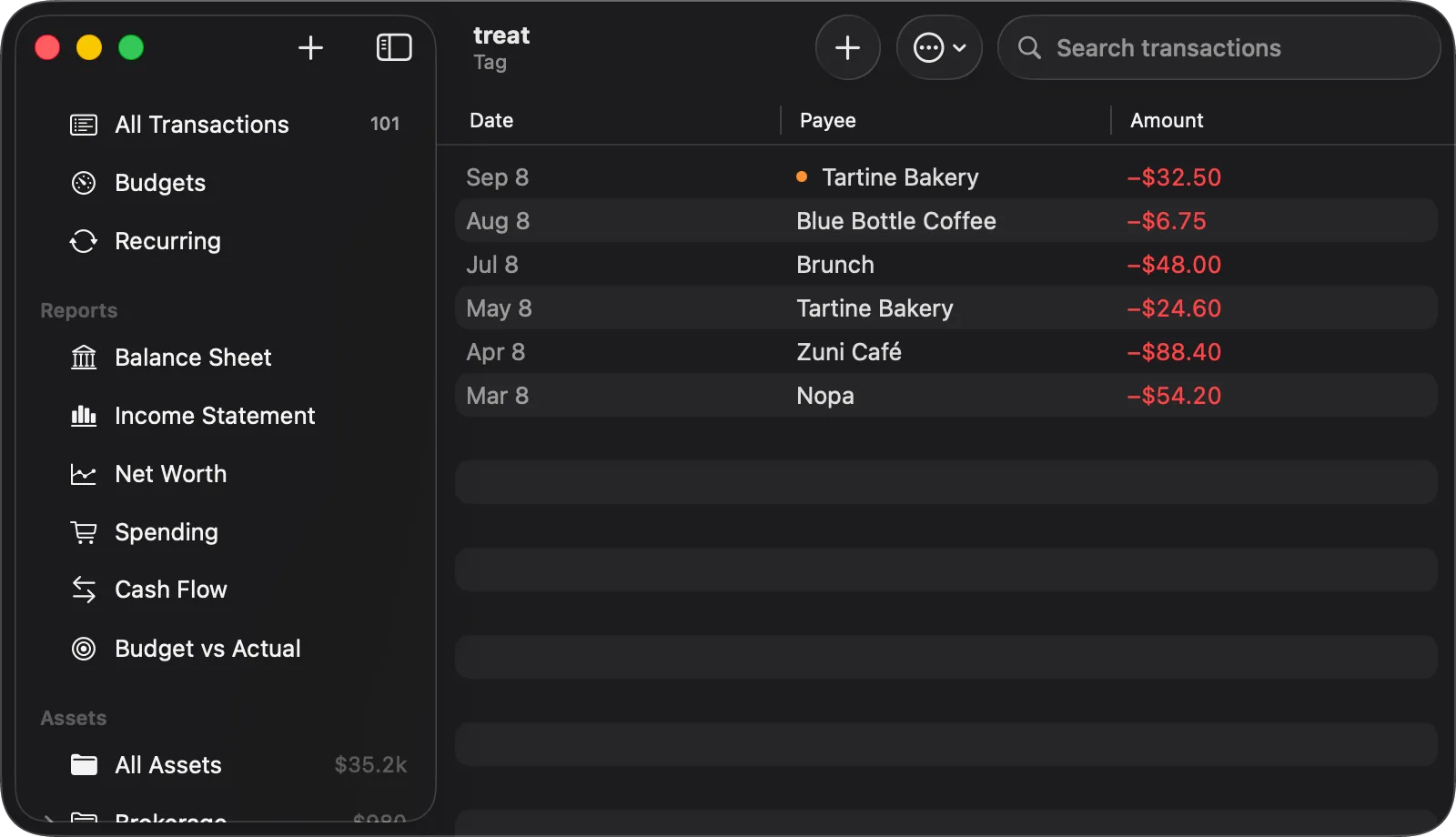 A tag view in Balance for Mac: the header reads treat · Tag, and below it six transactions carrying that tag (Tartine Bakery, Blue Bottle Coffee, Brunch, Zuni Café and Nopa), each with its date and amount.