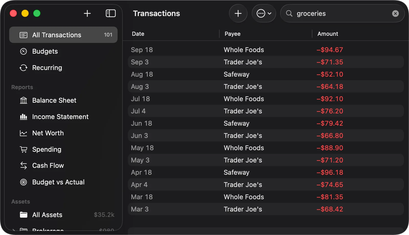 The register in Balance for Mac filtered by a search for groceries: fifteen transactions from Whole Foods, Trader Joe's and Safeway, none of which contains the word in its payee.
